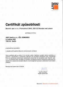 Certifikát způsobilosti provádění KZS BAUMIT